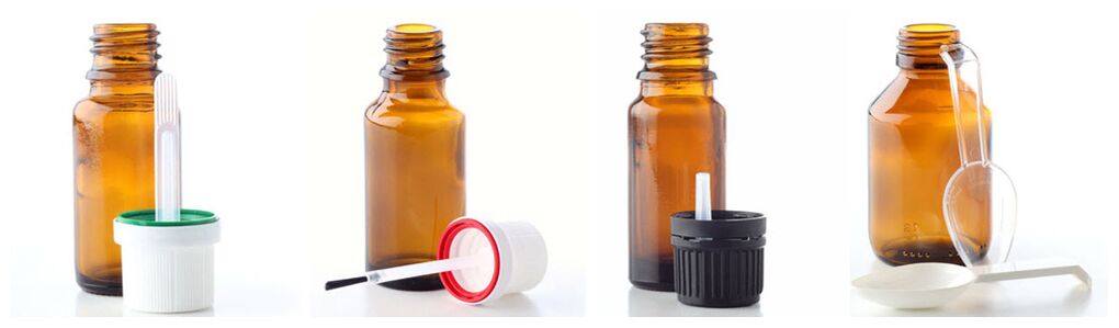 Pipettes, brushes, drip dispensers and measuring spoons complement glass vials for essential oils
